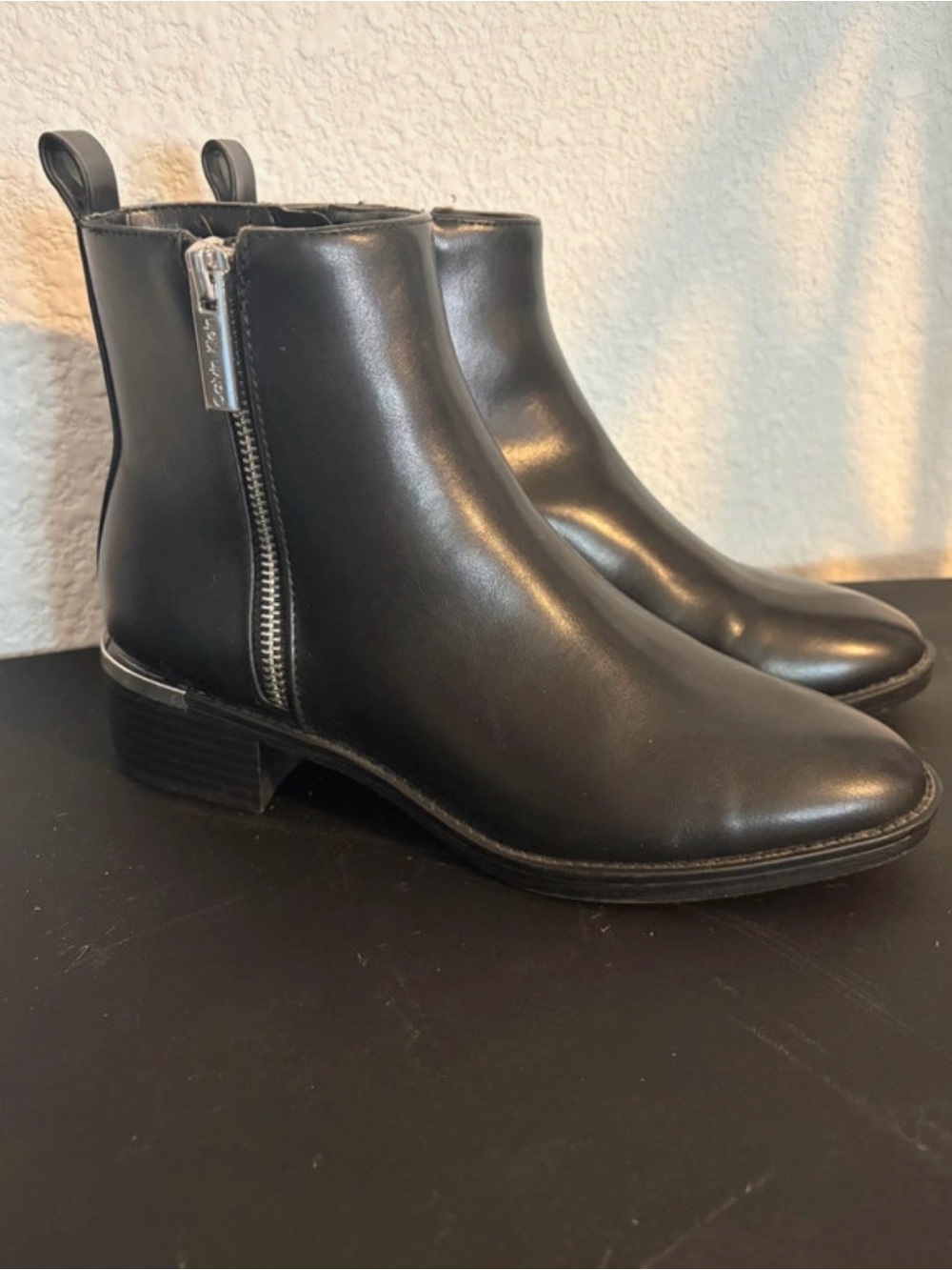 Calvin Klein Black Leather Ankle Zip Booties